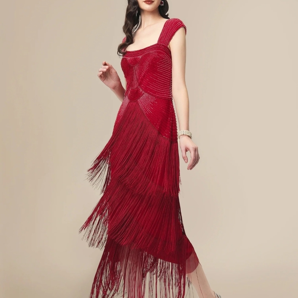 Old World Glamore Dark Red Beaded Fringe Dress - Picture 4 of 7